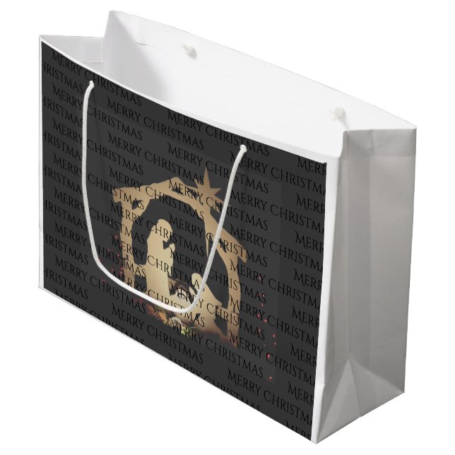 Grand Sac Cadeau Élégante Nativité Argent Noir Joyeux Noël (Devant Angle)