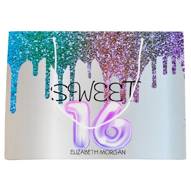 Grand Sac Cadeau Elégante Parties scintillant Rainbow Drips Silver  (Devant)
