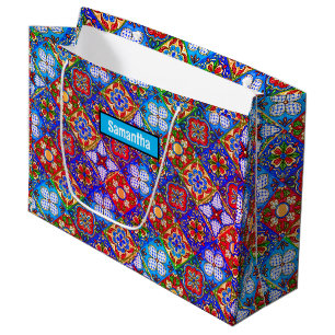 Grand Sac Cadeau Elégante talavera mexicaine carrelage bleu violet 