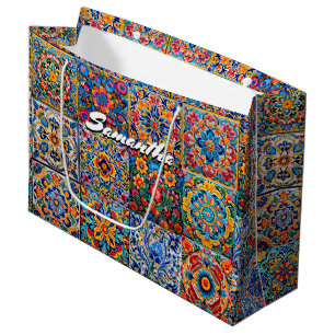 Grand Sac Cadeau Elégante talavera mexicaine carrelage jaune rouge
