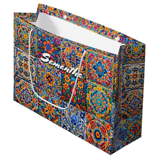 Grand Sac Cadeau Elégante talavera mexicaine carrelage jaune rouge (Devant Angle)