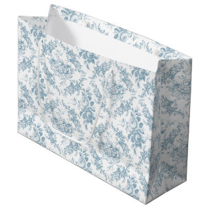 Grand Sac Cadeau Elégante toile florale blanche et bleue gravée