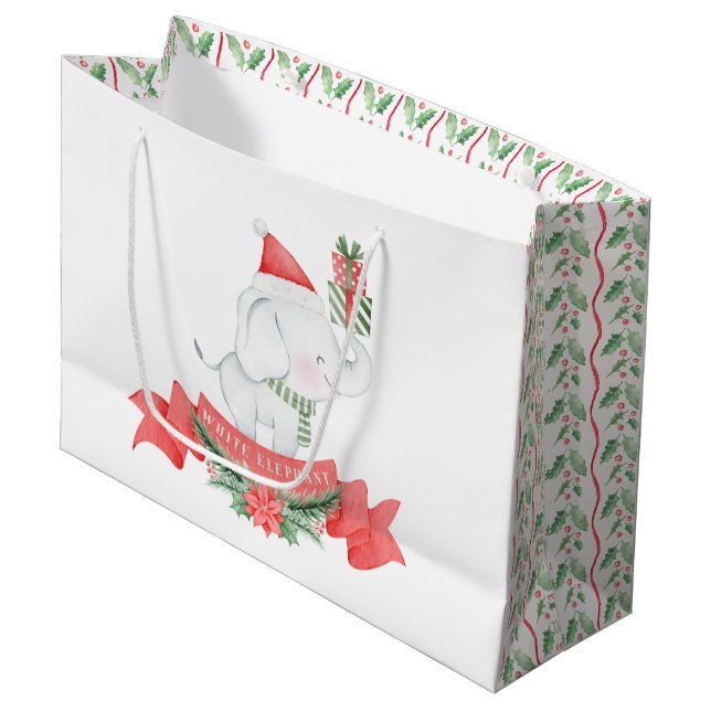 Grand Sac Cadeau Eléphant blanc mignon | Noël (Devant Angle)