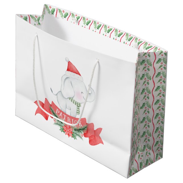 Grand Sac Cadeau Eléphant blanc mignon | Noël (Devant Angle)