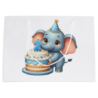 Grand Sac Cadeau Éléphant Mignon 2ème Anniversaire