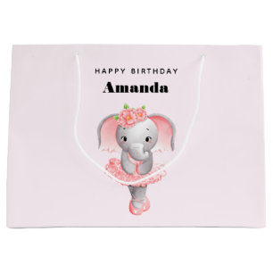 Grand Sac Cadeau Eléphant rose et gris doux Ballerina Anniversaire