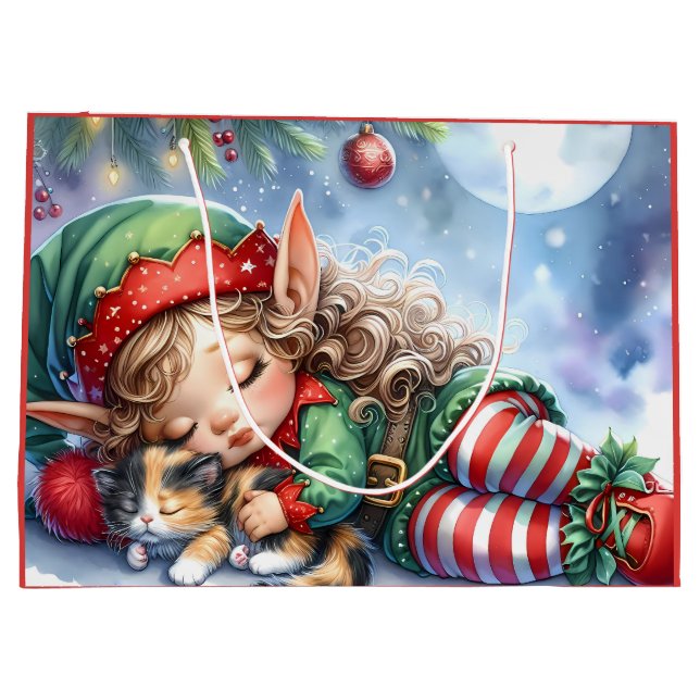 Grand Sac Cadeau Elfe de Noël couché avec Calico Kitten (Dos)