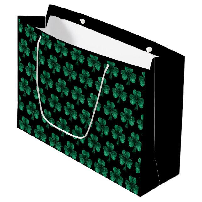 Grand Sac Cadeau Emerald Green Sparkles Shamrock motif noir (Devant Angle)