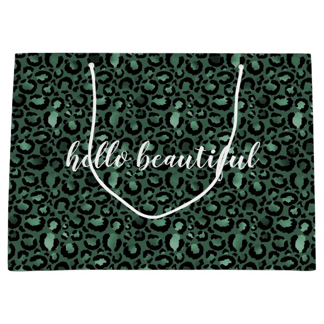 Grand Sac Cadeau Empreinte de léopard Emerald Green devis personnal (Devant)