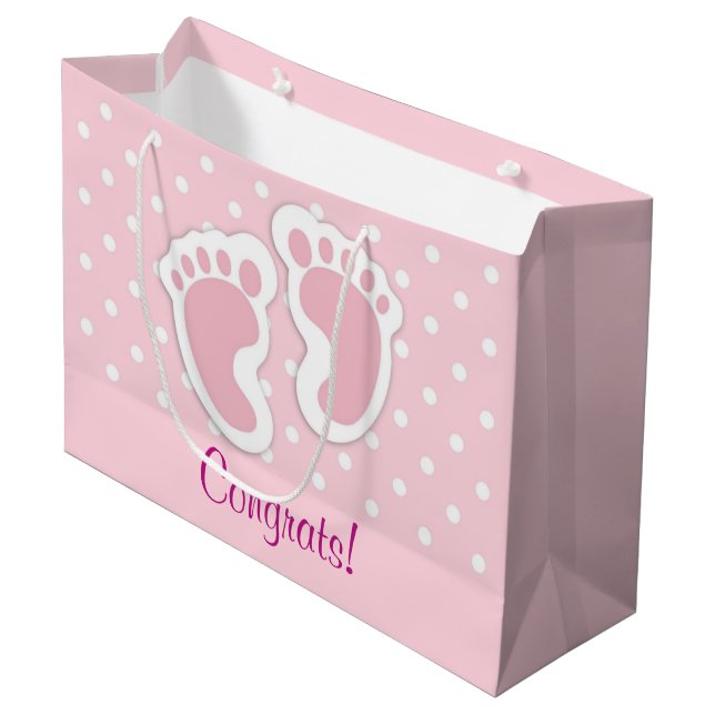 Grand Sac Cadeau Empreintes Bébé Rose Cute (Devant Angle)
