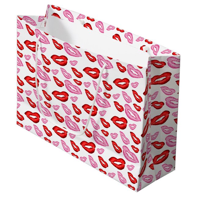 Grand Sac Cadeau Empreintes rouge à lèvres rose et rouge (Devant Angle)