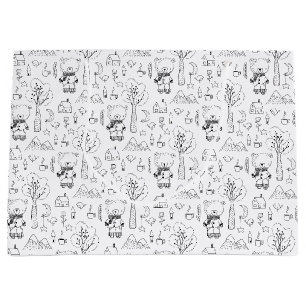 Grand Sac Cadeau Enfant Noël Noir & Blanc Nounours d'hiver