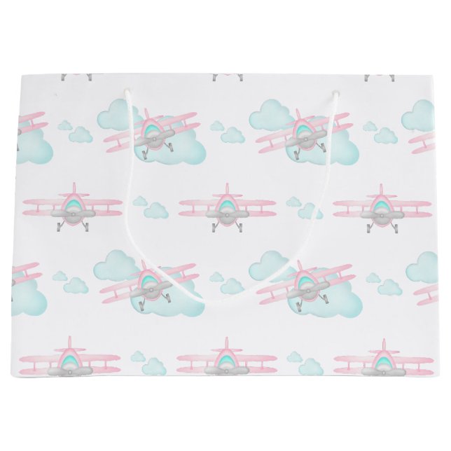 Grand Sac Cadeau Enfants Pink Avion Volant Aviation Anniversaire (Devant)