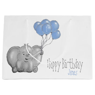 Grand Sac Cadeau ęr éléphant d'anniversaire avec le ballon bleu