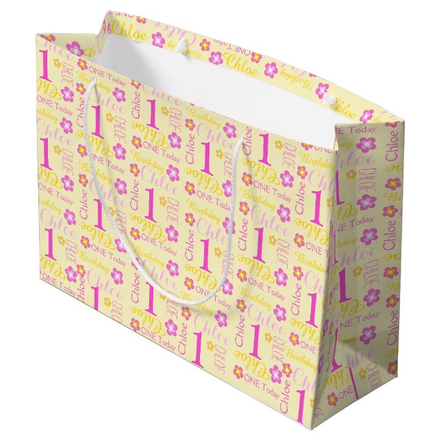 Grand Sac Cadeau ęr Nom fait sur commande jaune rose d'anniversaire (Dos Angle)
