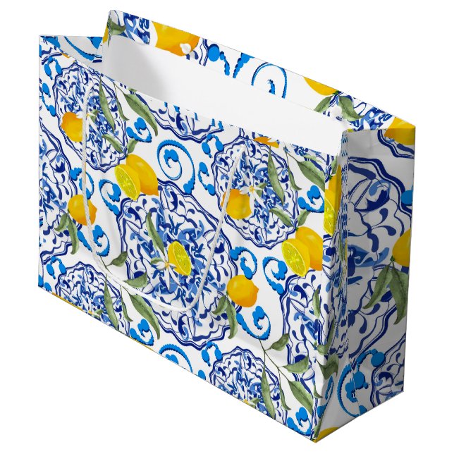 Grand Sac Cadeau Été, Carreaux portugais, agrumes, citrons  (Devant Angle)