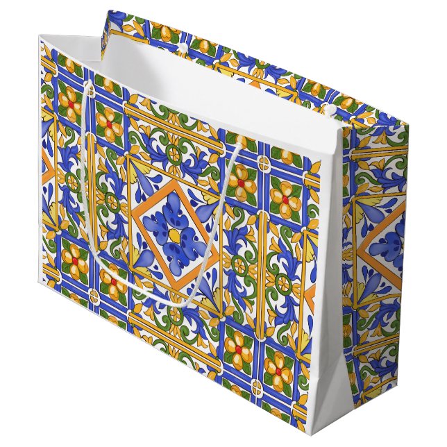 Grand Sac Cadeau Été, Carreaux portugais, agrumes, citrons   (Devant Angle)