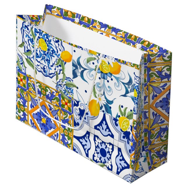 Grand Sac Cadeau Été, Carreaux portugais, agrumes,     citronsGrand (Devant Angle)