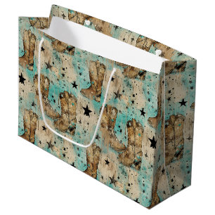Grand Sac Cadeau Étoiles de poupées Brown Blue Retro Motif