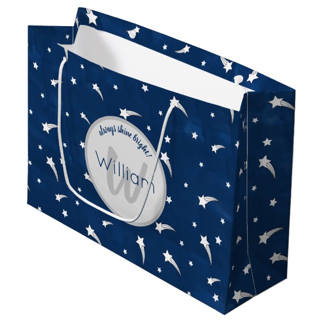 Grand Sac Cadeau Étoiles de tir Aquarelle bleu marine Monogramme (Devant Angle)