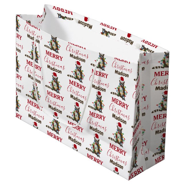 Grand Sac Cadeau Fantaisie Noël Raccoon Santa Hat Noël Lumières (Devant Angle)