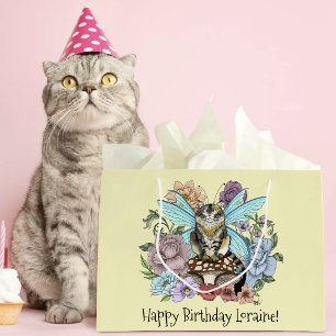 Grand Sac Cadeau Fantaisie Pastel Chat Féerique Tigré Floral