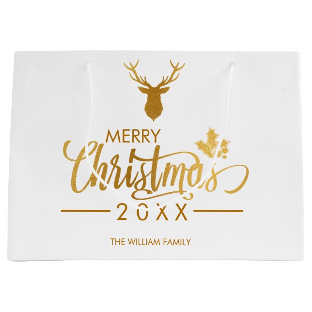 Grand Sac Cadeau Faux Gold Foil Deer Joyeux Noël personnalisé (Devant)