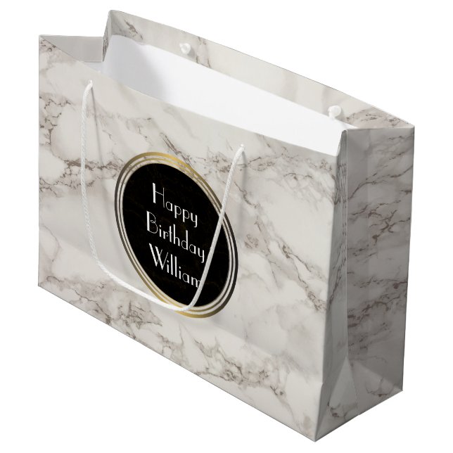 Grand Sac Cadeau Faux Marbre Albâtre Taupe Tan Moderne Anniversaire (Devant Angle)