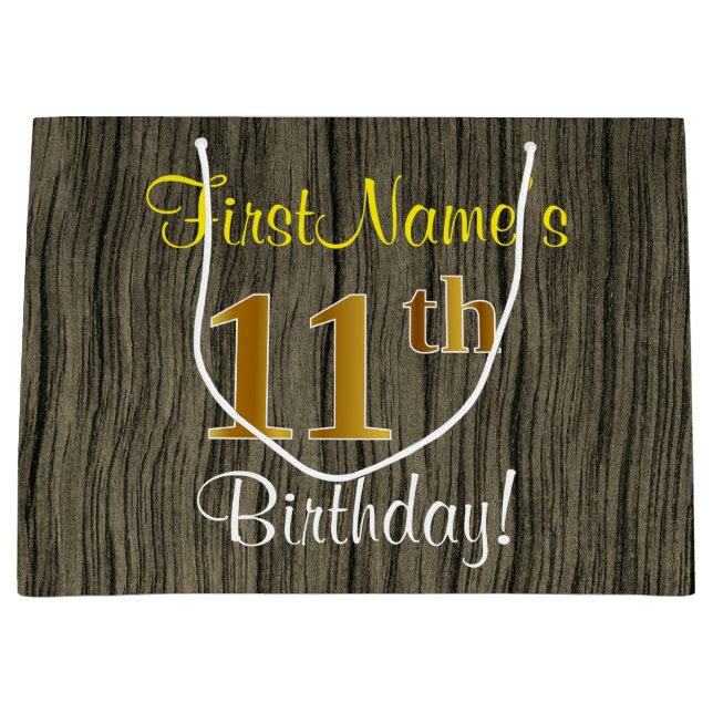 Grand Sac Cadeau Faux Wood Look, Faux Gold 11e anniversaire + Nom (Devant)