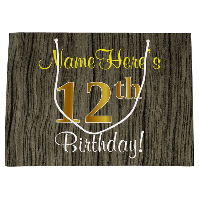 Grand Sac Cadeau Faux Wood Look, Faux Gold 12e anniversaire + Nom (Devant)