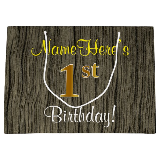 Grand Sac Cadeau Faux Wood Look, Faux Gold 1er Anniversaire + Nom (Devant)