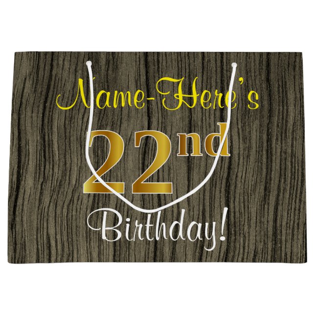 Grand Sac Cadeau Faux Wood Look, Faux Gold 22e anniversaire + Nom (Devant)