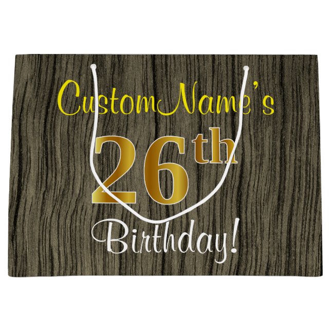 Grand Sac Cadeau Faux Wood Look, Faux Gold 26e anniversaire + Nom (Devant)