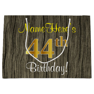 Grand Sac Cadeau Faux Wood Look, Faux Gold 44e anniversaire + Nom