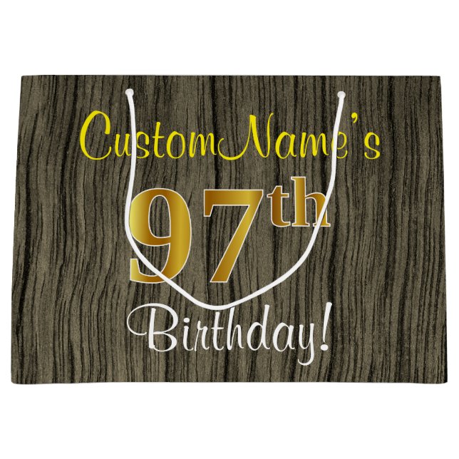 Grand Sac Cadeau Faux Wood Look, Faux Gold 97e anniversaire + nom (Devant)