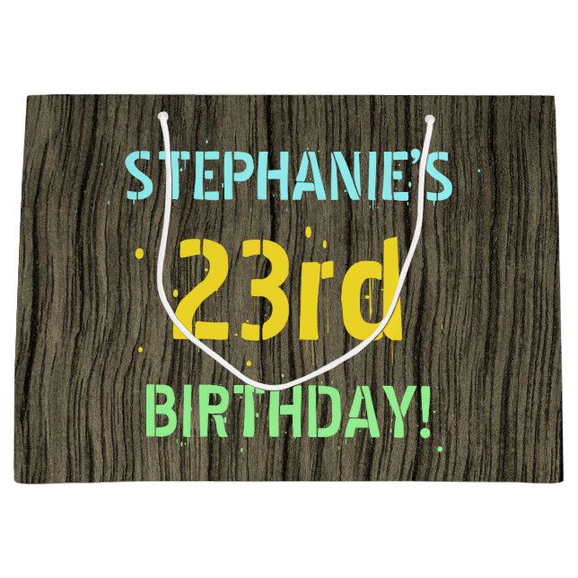 Grand Sac Cadeau Faux Wood, Peint Texte Look, 23ème anniversaire +  (Devant)