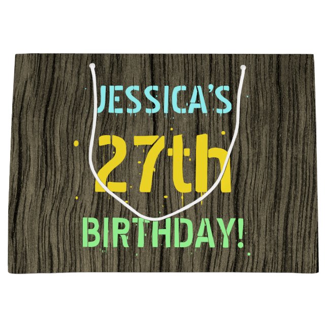 Grand Sac Cadeau Faux Wood, Peint Texte Look, 27e anniversaire + No (Devant)