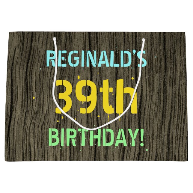 Grand Sac Cadeau Faux Wood, Peint Texte Look, 39e anniversaire + No (Devant)