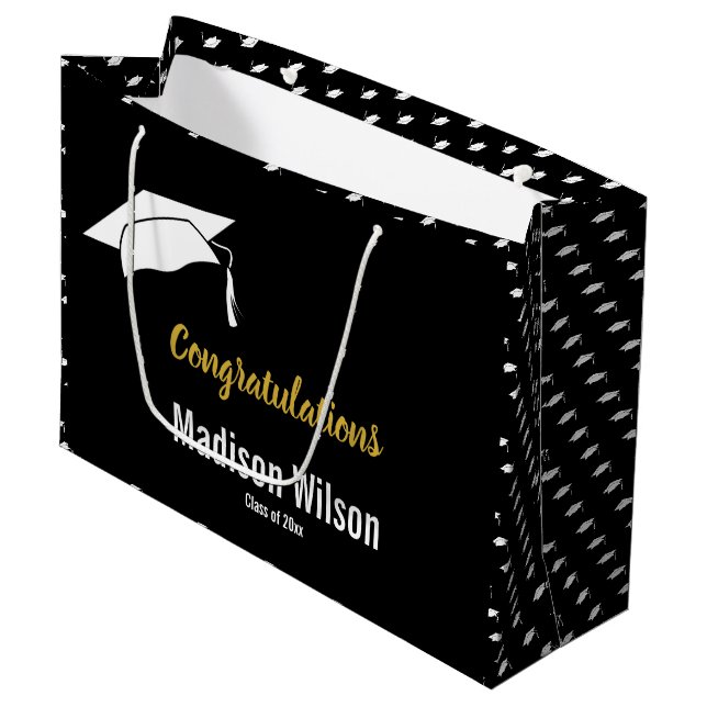 Grand Sac Cadeau Félicitations à Black White & Faux Gold Graduation (Devant Angle)