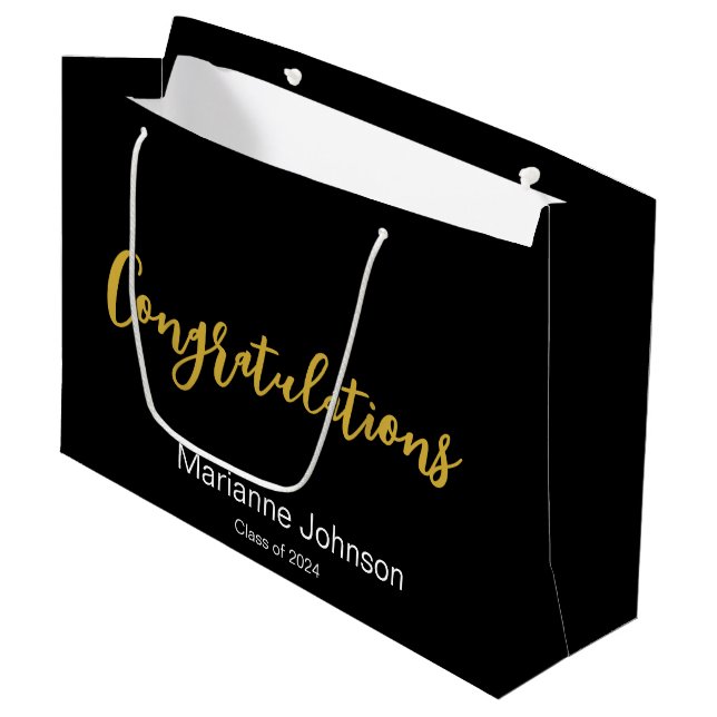 Grand Sac Cadeau Félicitations Gold Black White Nom du diplômé (Devant Angle)