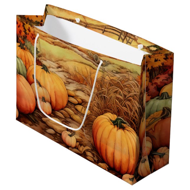 Grand Sac Cadeau Ferme citrouille automne récolte Thanksgiving (Devant Angle)