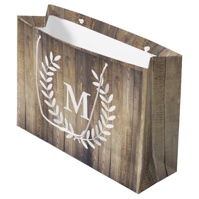 Grand Sac Cadeau Ferme Grange Bois Blanc Laurels Lettre initiale (Devant Angle)