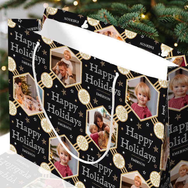 Grand Sac Cadeau Festif Noël Snowflake Photo Classique Noir (Créateur téléchargé)