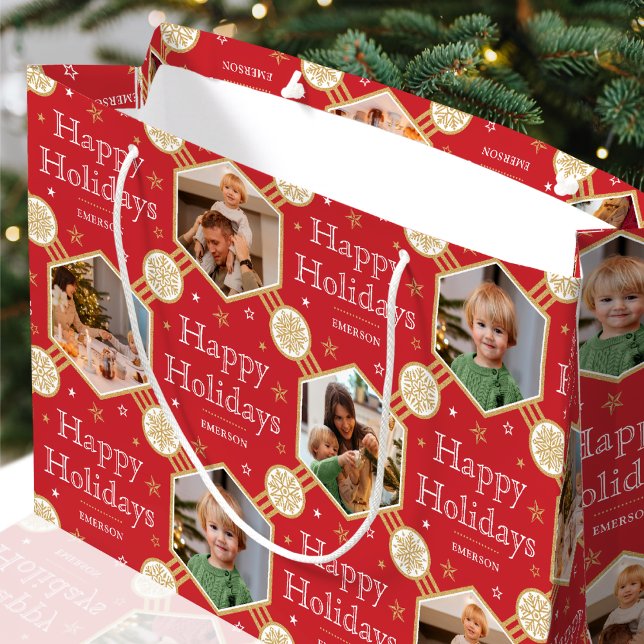 Grand Sac Cadeau Festif Noël Snowflake Photo traditionnel Rouge (Créateur téléchargé)