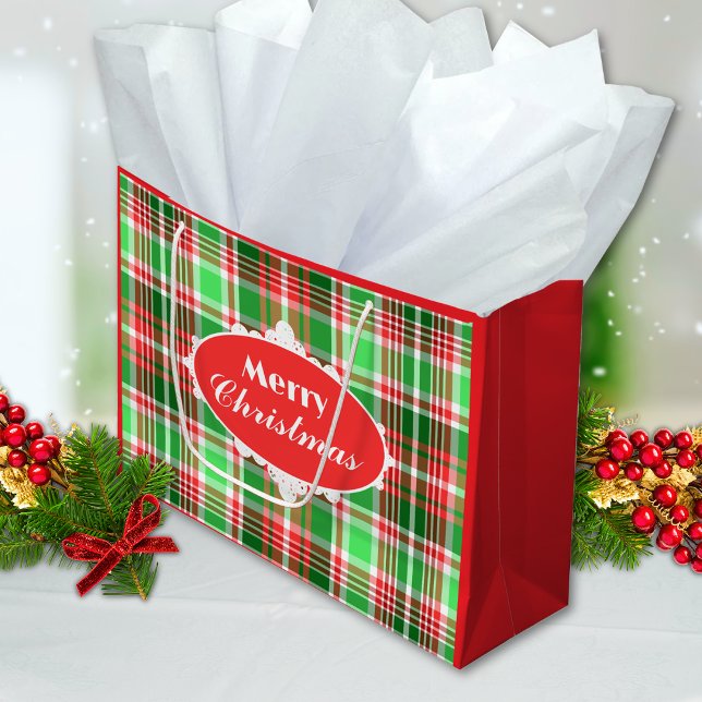 Grand Sac Cadeau Festif personnalisé Rouge Vert Plaid Joyeux Noël (Créateur téléchargé)
