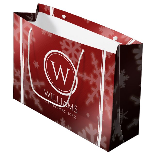 Grand Sac Cadeau Festif Red Foil Snowflakes Nom du monogramme (Devant Angle)