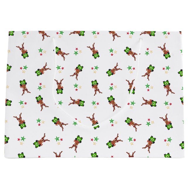 Grand Sac Cadeau Festif Vert Et Rouge Kasky Reindeer de Noël (Devant)