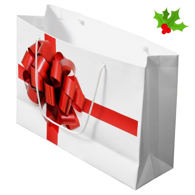 Grand Sac Cadeau Festin Elegant Red Christmas Bow sur le Glam blanc (A fun, festive red bow gift bag!)