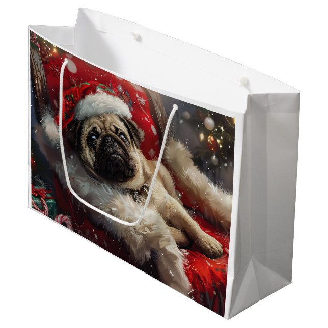 Grand Sac Cadeau Festive de Noël de chien carlin (Devant Angle)