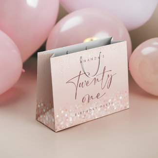 Grand Sac Cadeau Fête d'anniversaire 21 ans paillettes or rose